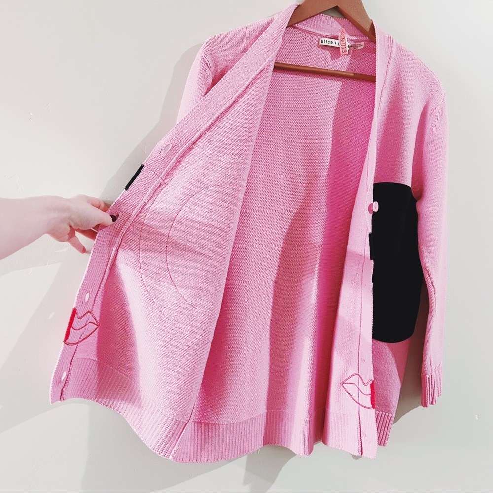 alice + olivia | bradford stace face grandpa cardigan in electric pink ↷ - Picture 6 of 16